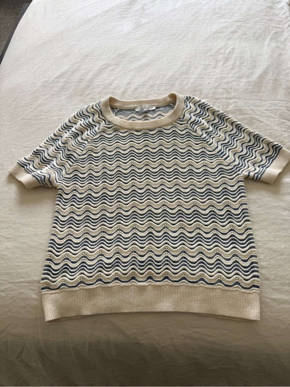 LOFT Cream and Navy Wave Knit Crewneck Sweater